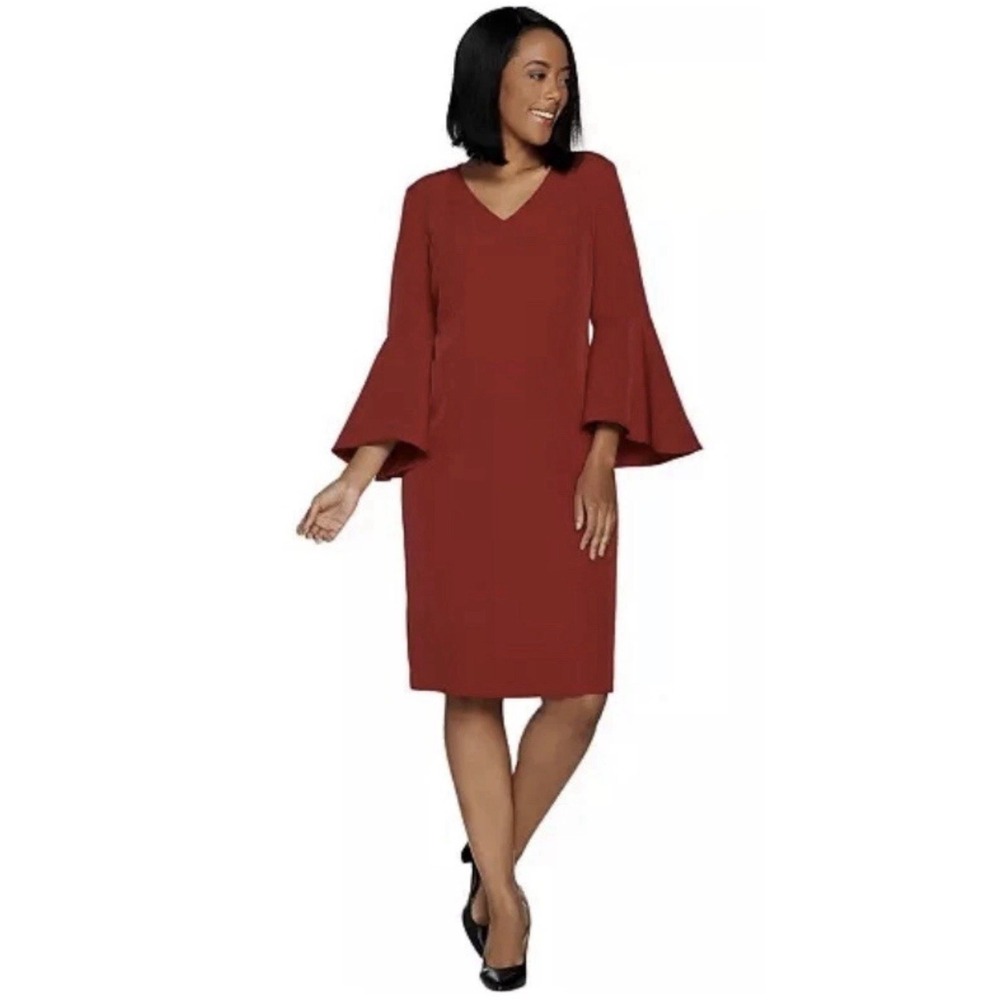 Belle By Kim Gravel Red V-Neck Sheath Dress Bell Sleeves Womens 8